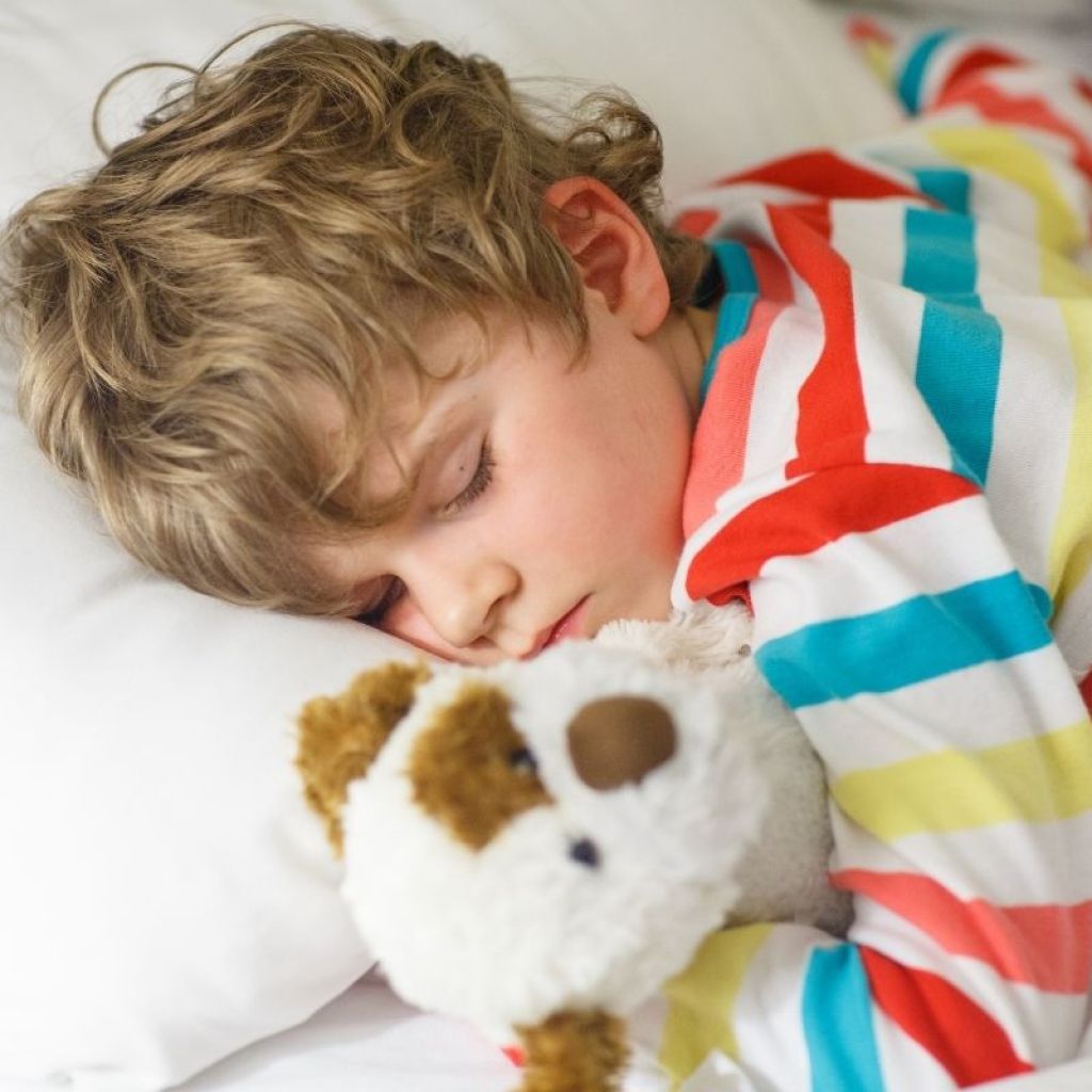 Toddler sleeping with a stuffed animal