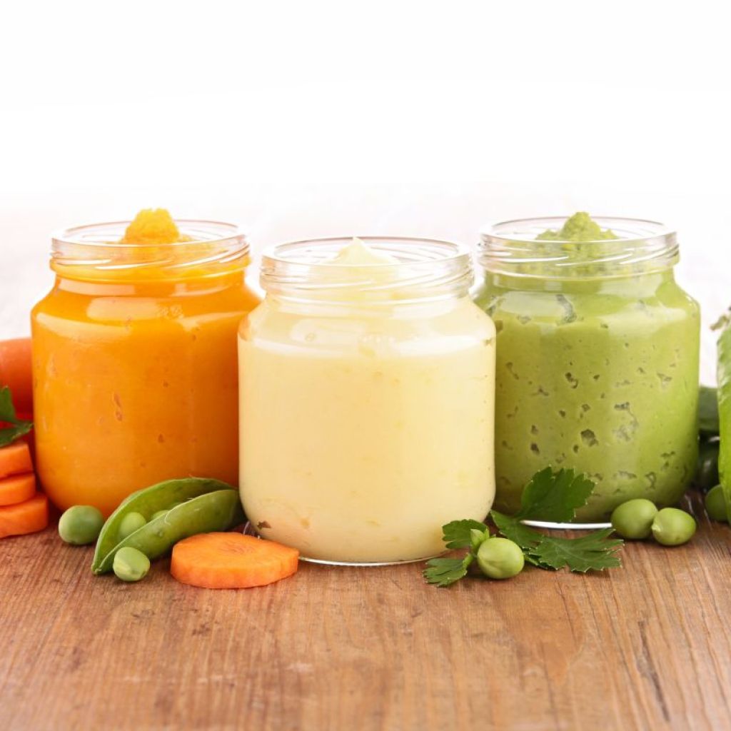 Baby food purees in glass containers