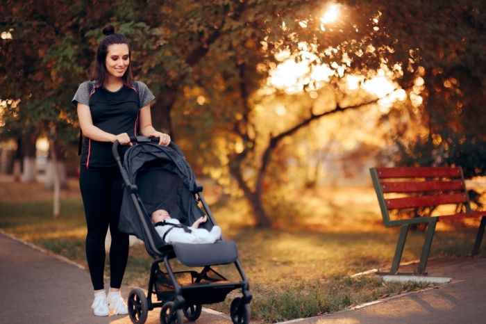 Mom pushing stroller in a park