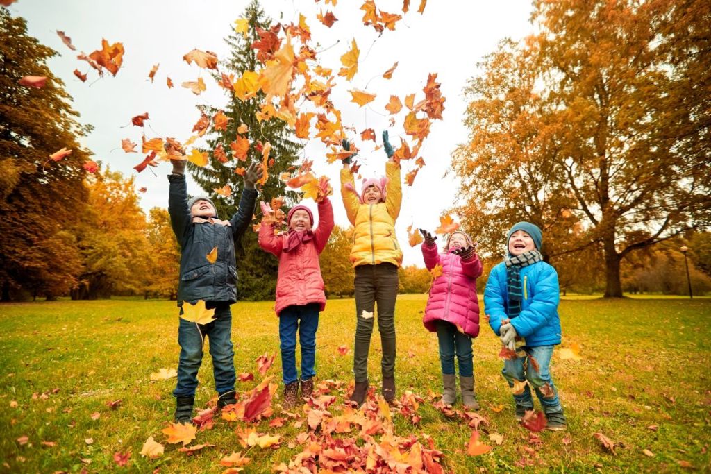 Kids playing outside In leaves.