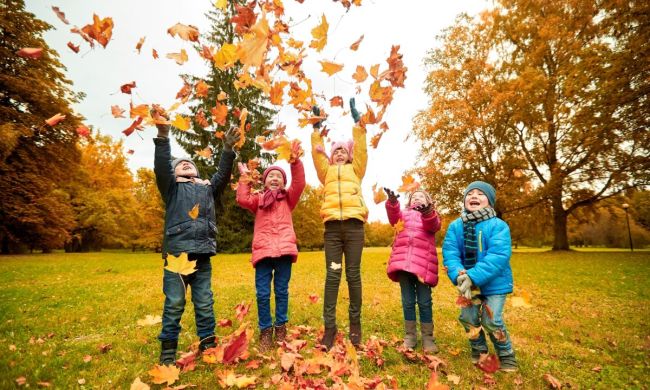 Kids playing In leaves