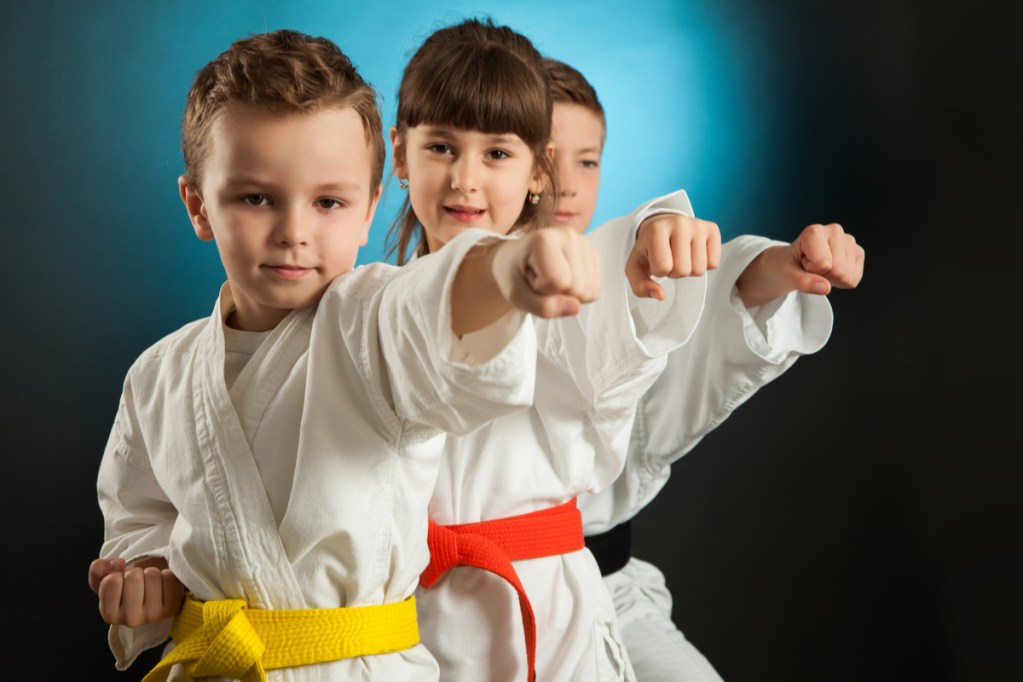 happy kids doing practicing karate