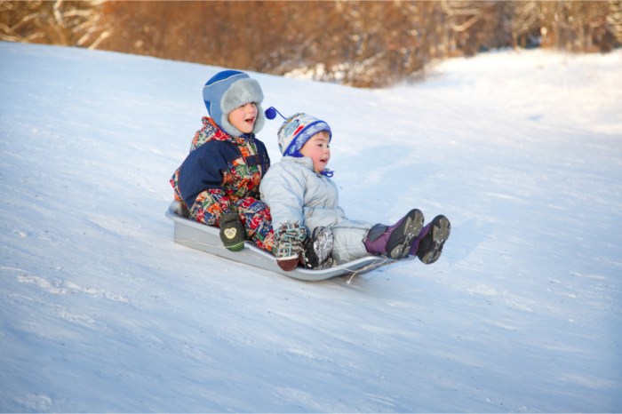 A couple of children sledding together.