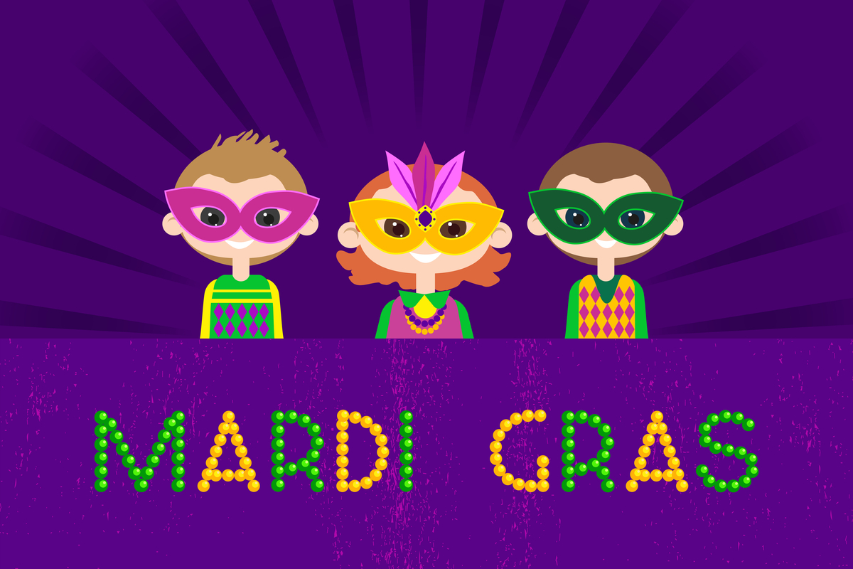 Cartoon image of kids wearing masks for Mardi Gras