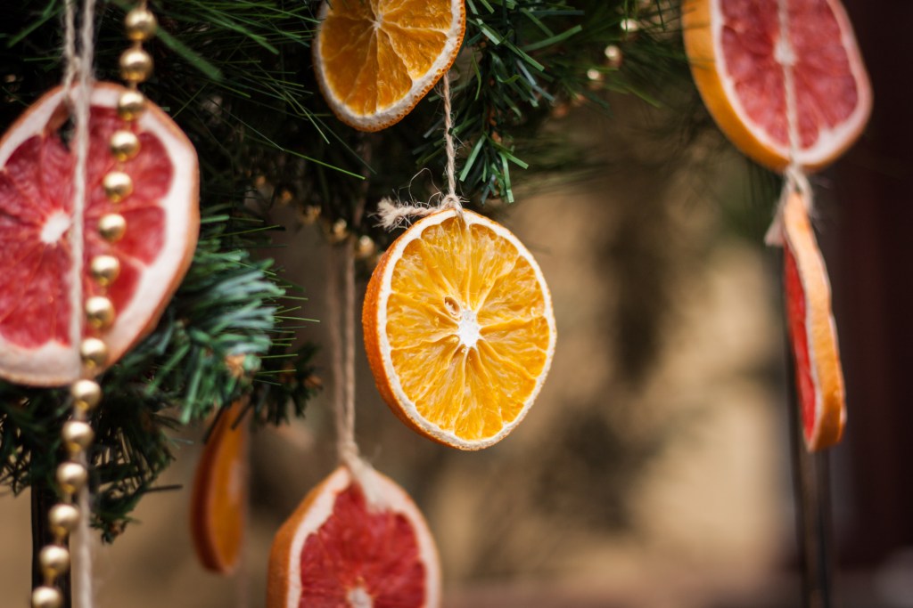 homemade dried orange sliced ornaments hanging from a tree