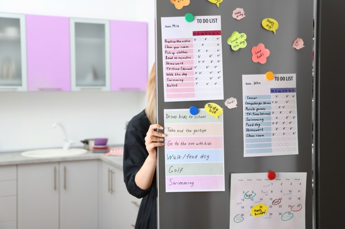 Busy family schedule hanging on refrigerator