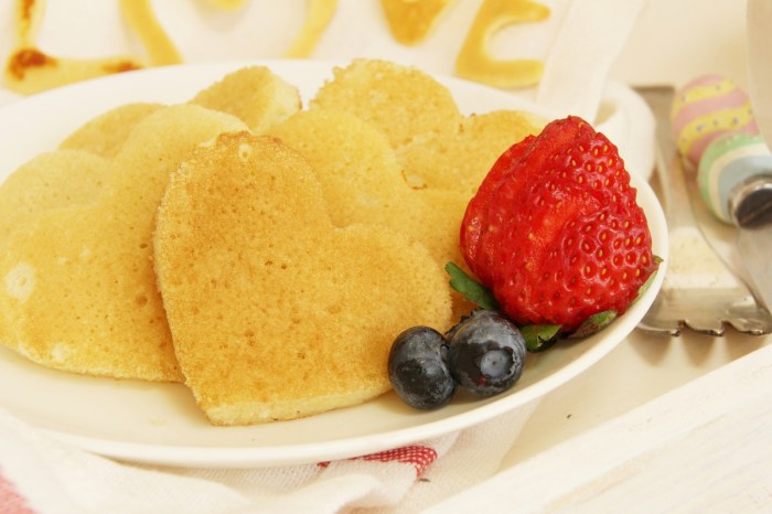 Plate of heart-shaped pancakes for Valentine's Day