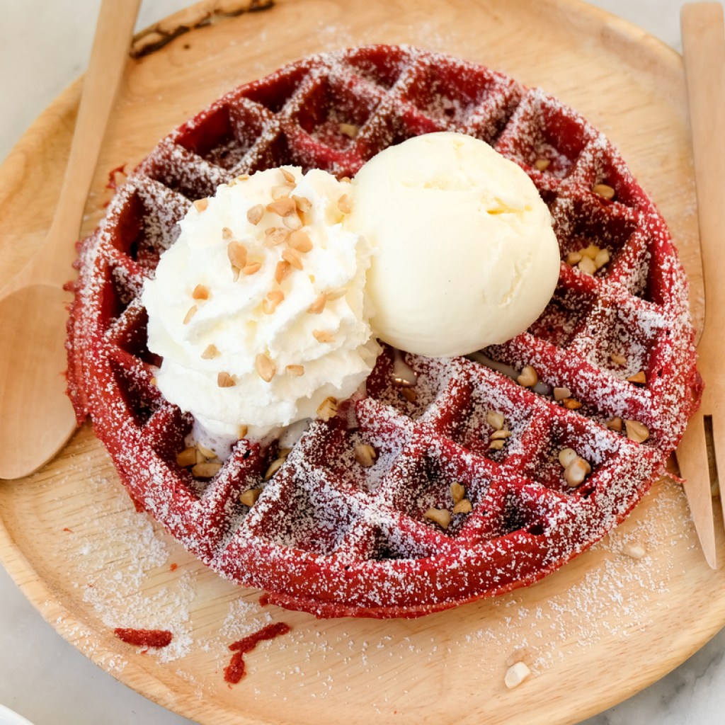 red velvet waffle served for a Valentine's Day breakfast