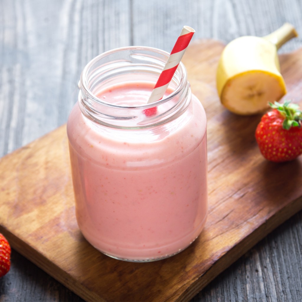 strawberry banana smoothie served as a Valentine's Day treat for breakfast