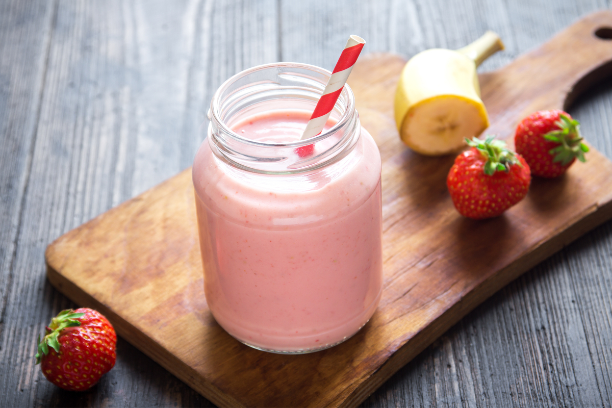 Strawberry banana smoothie served as a Valentine's Day treat for breakfast.