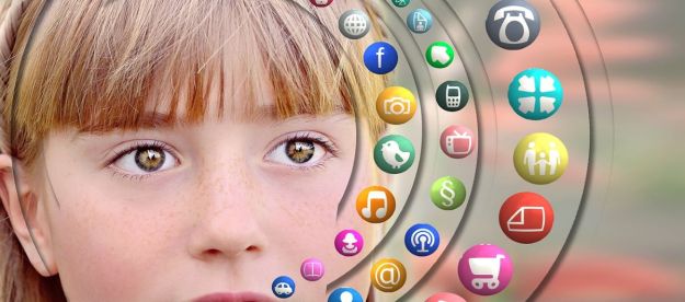 Girl surrounded by app logos in the air
