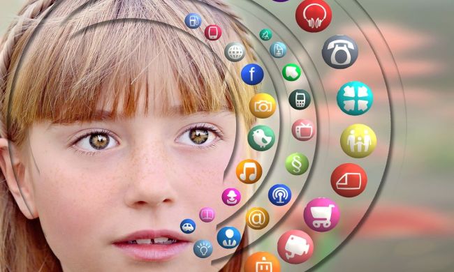 Girl surrounded by app logos in the air