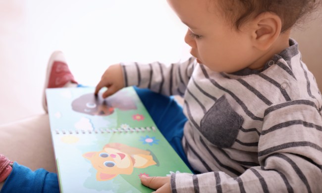Happy toddler boy reading a picture book