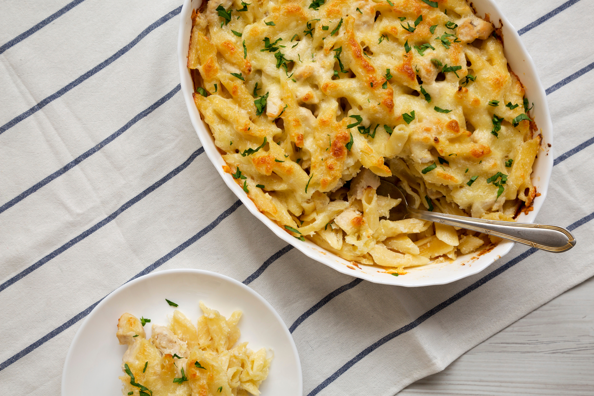 Chicken casserole with pasta.