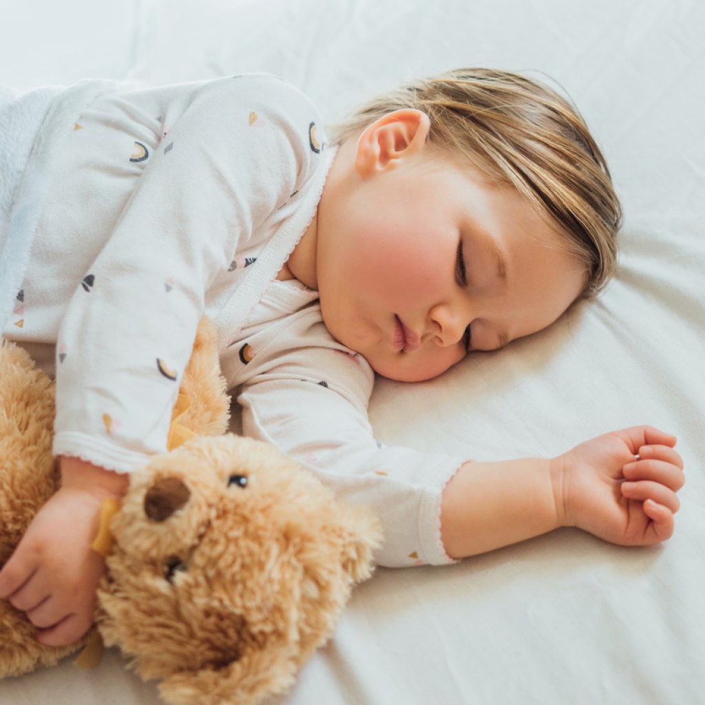 Sleeping toddler with their teddy bear