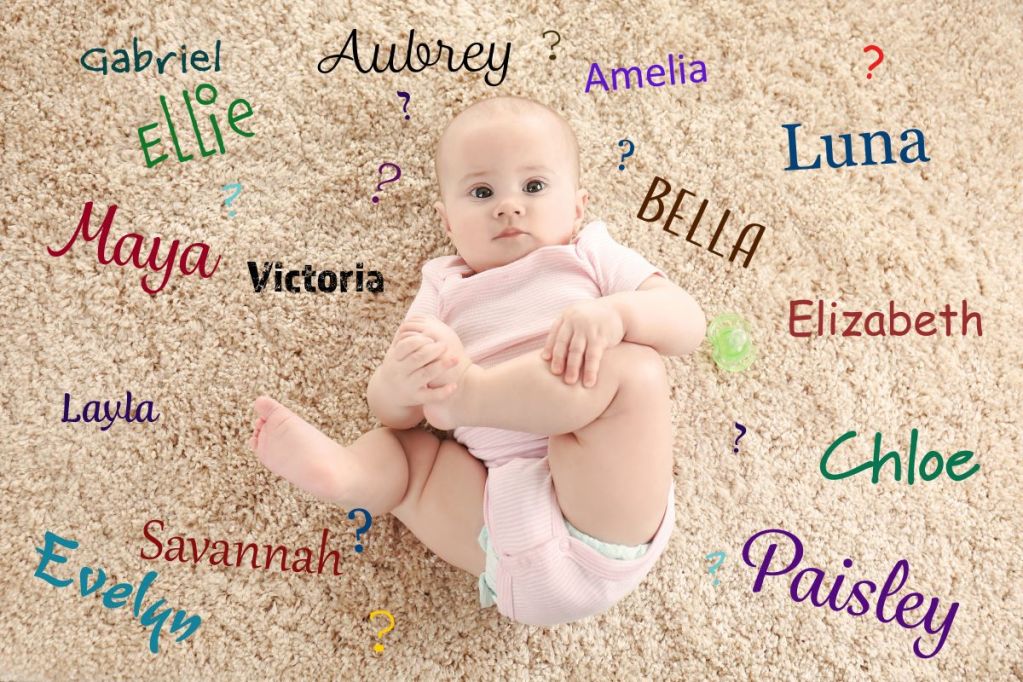 Cute baby girl surrounded by possible names