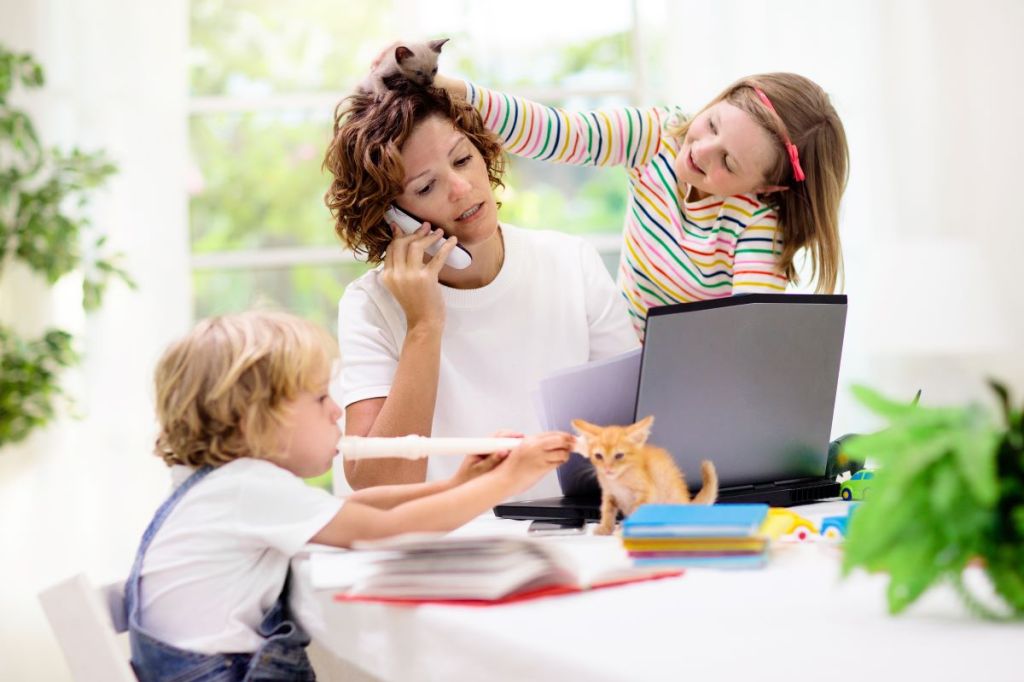 Frustrated mom homeschooling her children