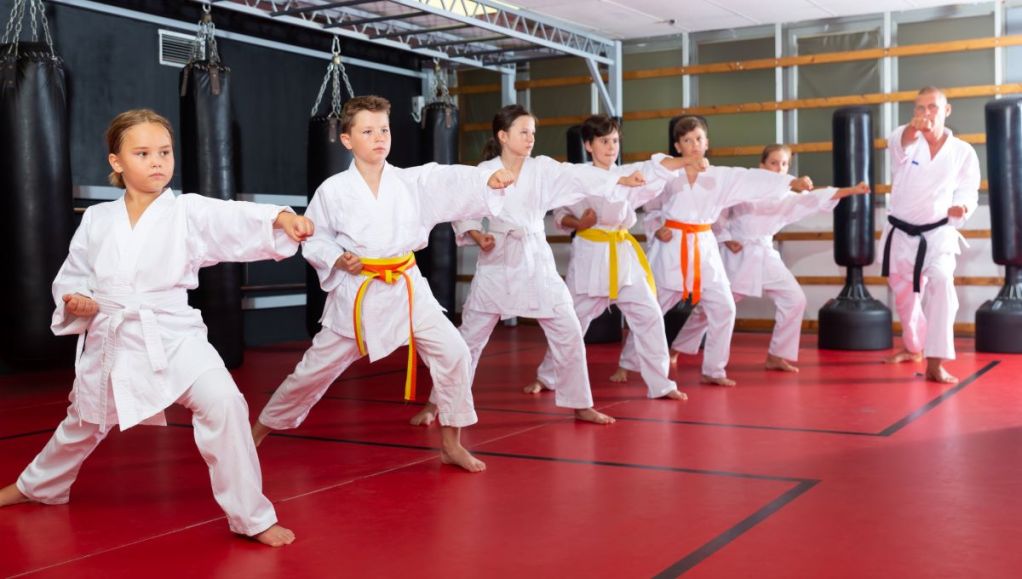 Group of kids doing participating in a karate class