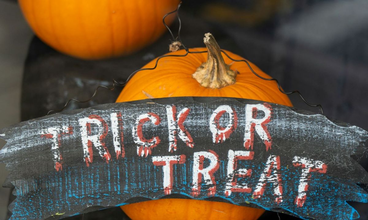 pumpkins with a trick or treat sign