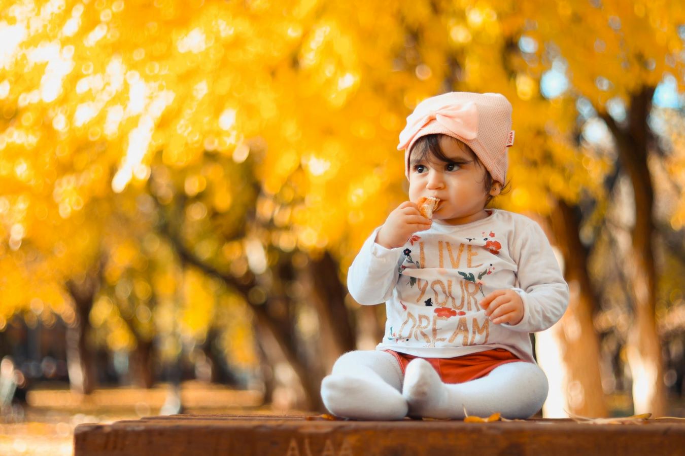 cute baby girl sitting outside on a fall day eating snack