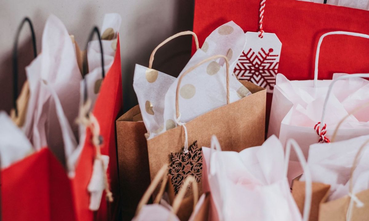 holiday gift bags lined up