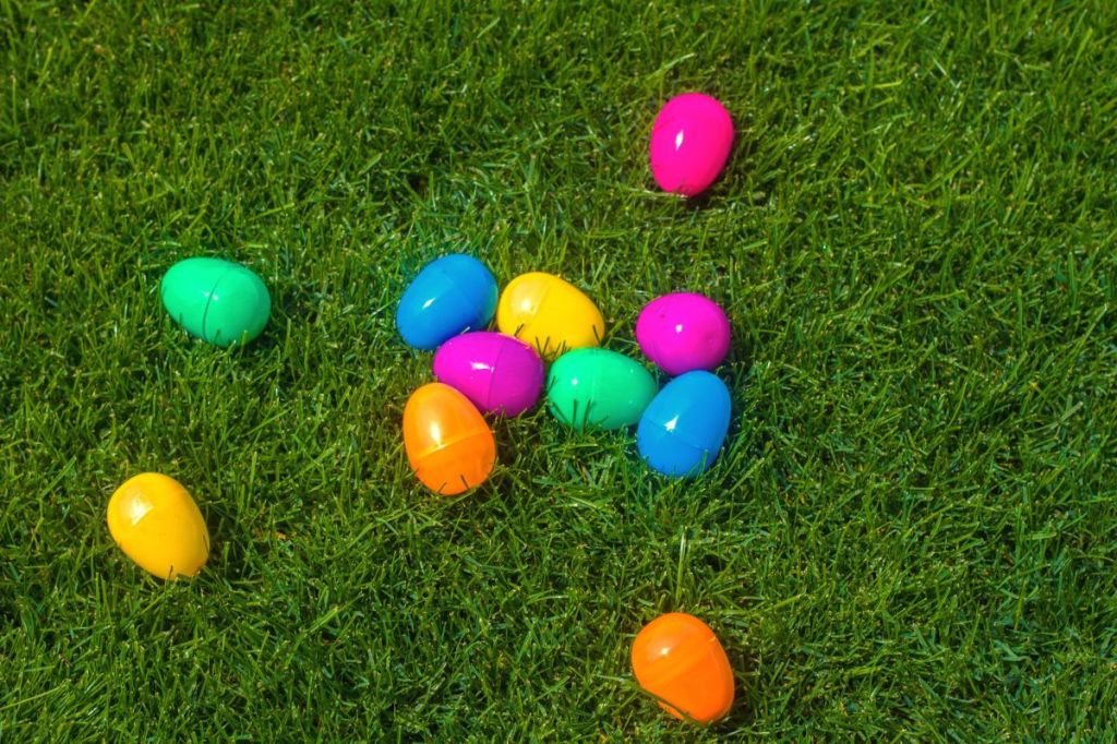 plastic Easter eggs lying in the grass